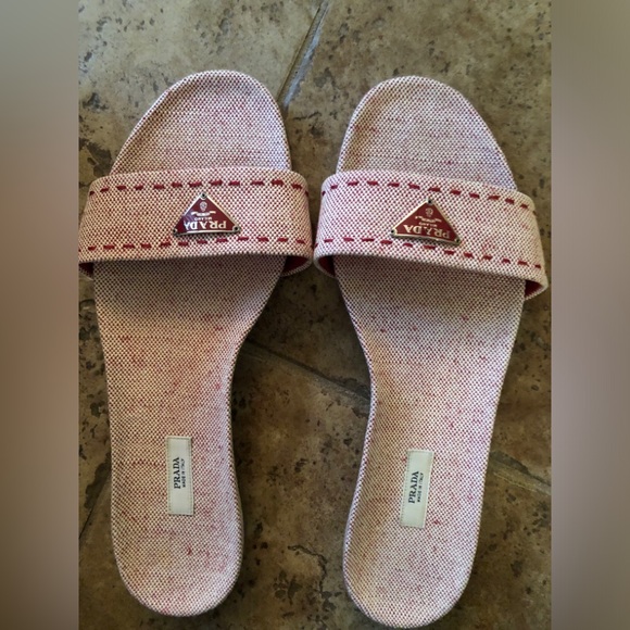 Prada Slide Round Toe Sandals Metal Logo 38/8 - Picture 10 of 13